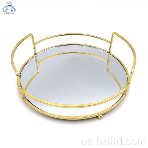 Bandeja de joyería de mesa redonda de metal con espejo